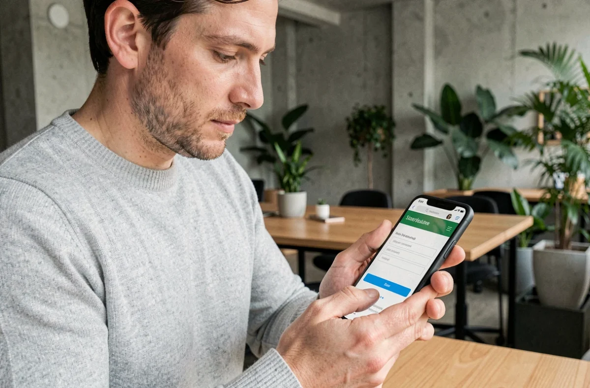 Homme utilisant un smartphone pour contacter France Écoconstruction via le formulaire en ligne dans un espace de co-working