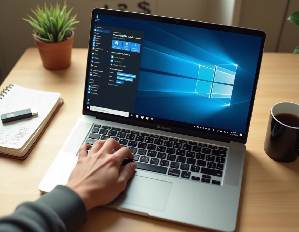 Vue aérienne d'un ordinateur portable affichant l'interface des outils Microsoft Update Health sur Windows 10