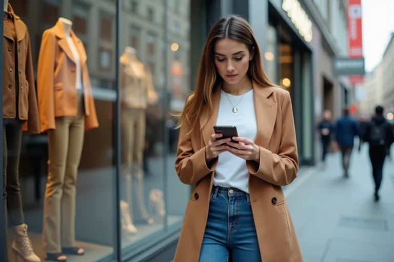 Jeune femme tendance consultant son smartphone devant une vitrine de mode en ville, illustrant l'influence de la mode sur les jeunes