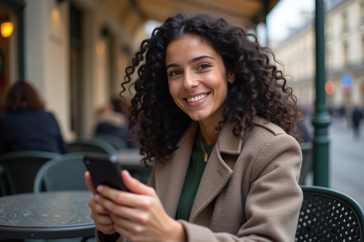 Jeune femme souriante avec smartphone sur une terrasse parisienne