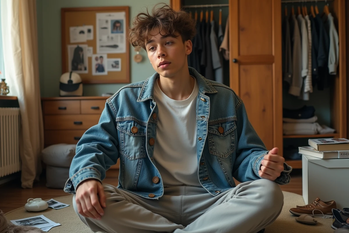 Jeune homme dans sa chambre entouré de vêtements et magazines de mode, explorant son style personnel et l'influence des tendances vestimentaires