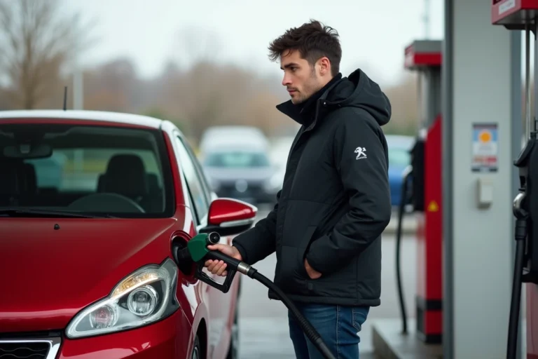 Jeune homme à la station essence avec Peugeot 208 GTi
