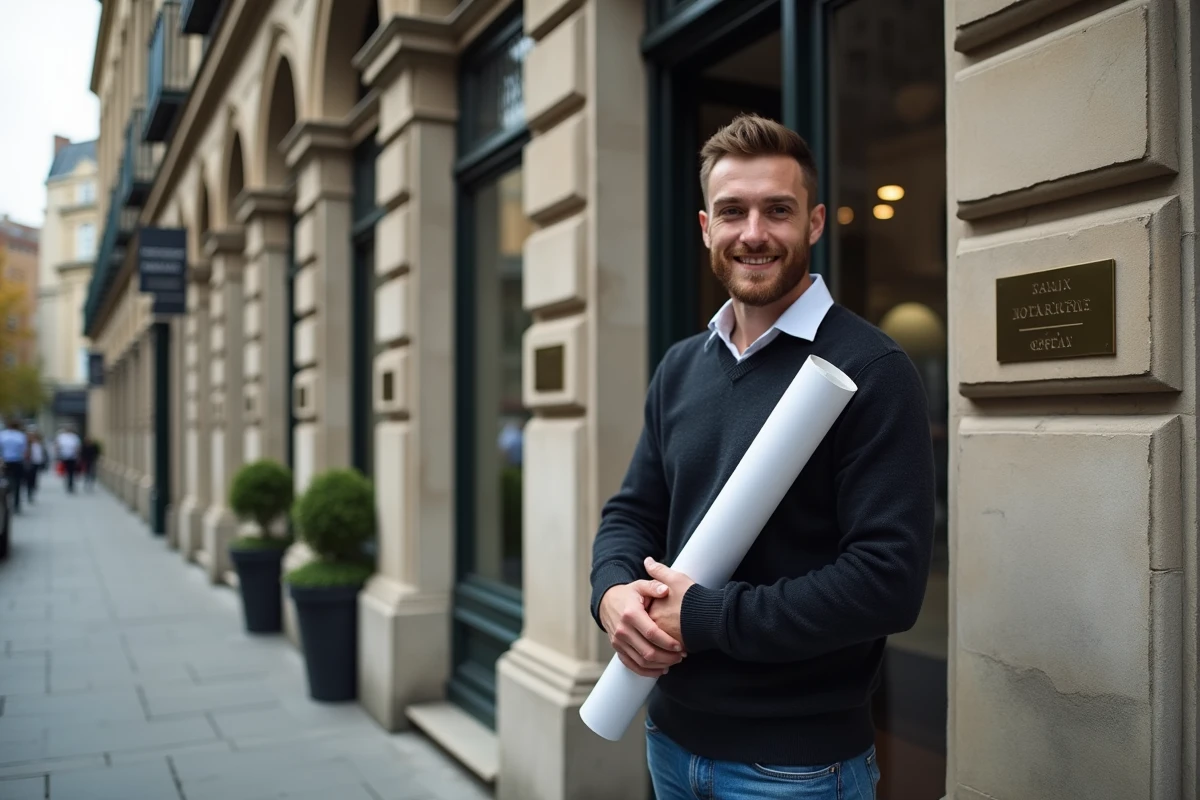 Jeune homme tenant des plans de maison devant un bâtiment élégant