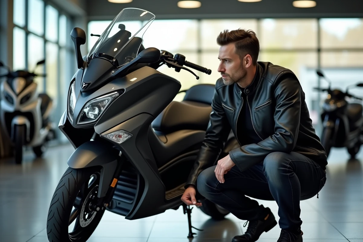 Journaliste moto examinant le tableau de bord du Yamaha TMAX 750 dans une concession, analyse du prix et des équipements 2026