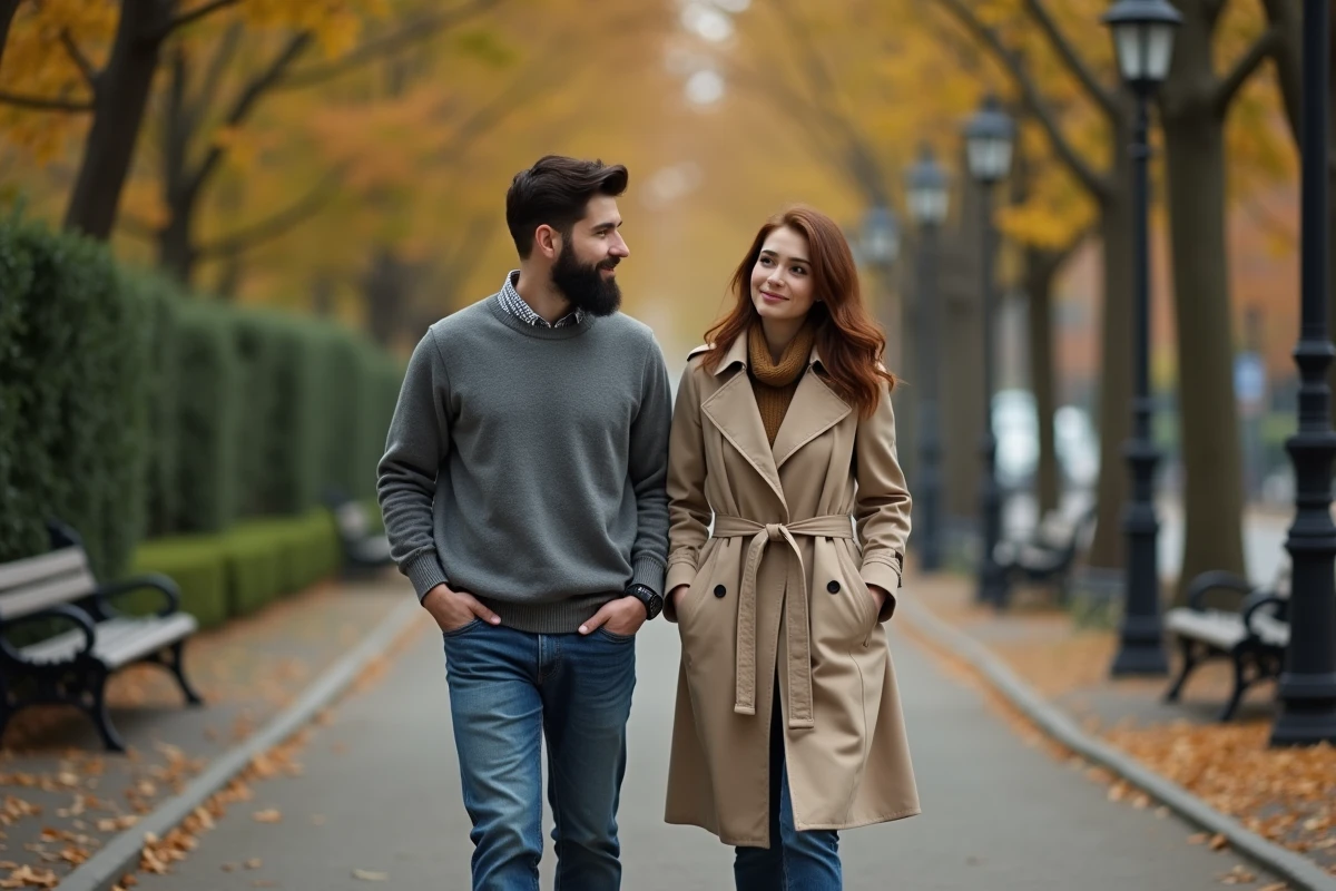 Couple se promenant dans un parc parisien en automne, ambiance candide et vie privée préservée