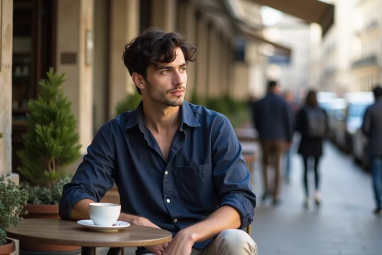 Jeune homme brun en chemise bleue assis en terrasse de café à Paris, regard discret et atmosphère décontractée