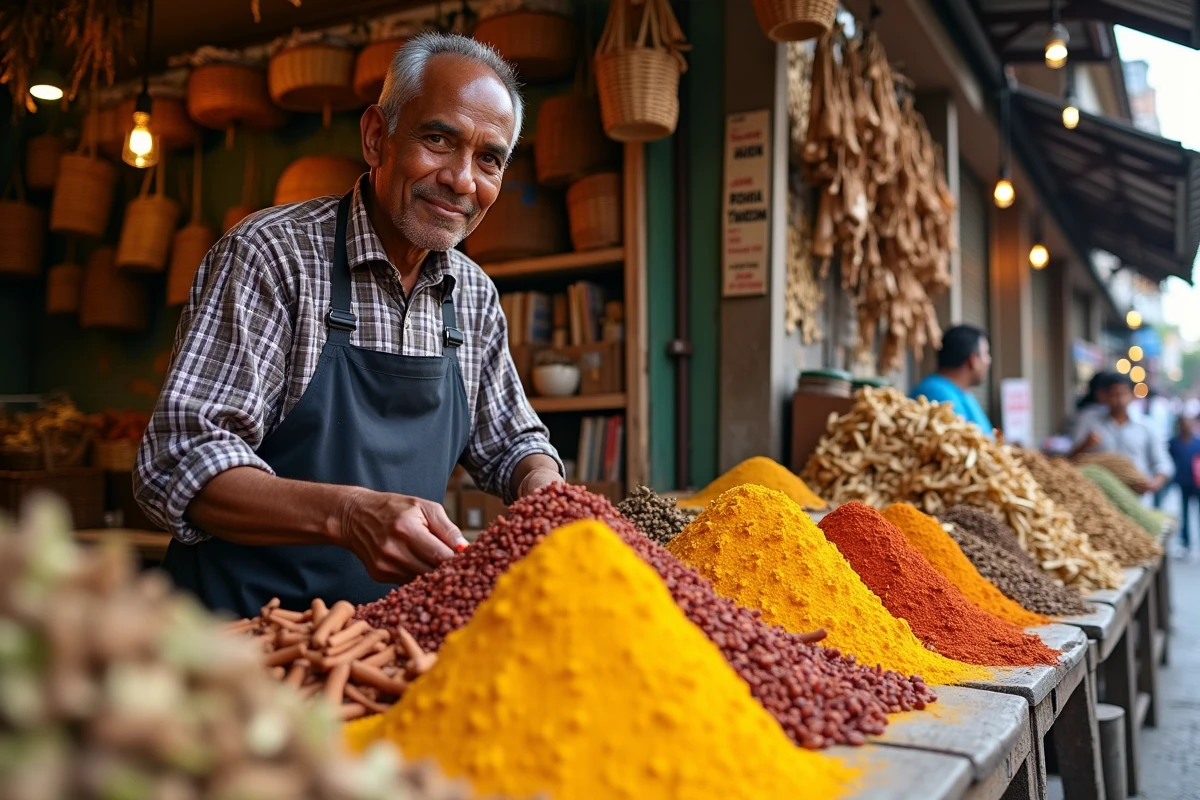 Vendeur de épices dans le marché animé de Pettah à Colombo, Sri Lanka, avec pyramides de safran, cannelle et piments colorés