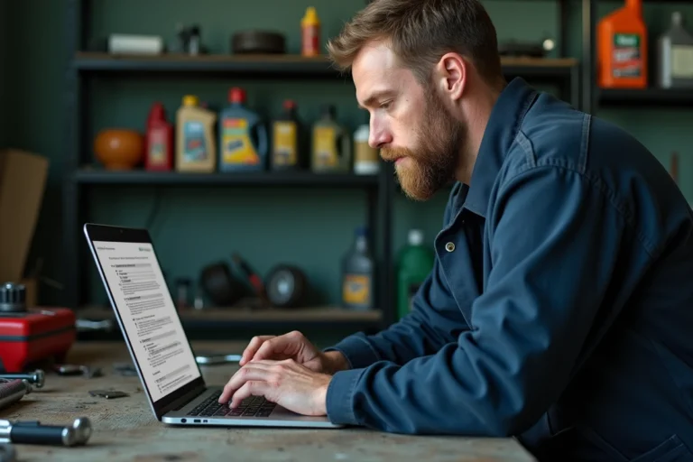 Mécanicien consultant une revue technique automobile en PDF sur un ordinateur portable dans un garage