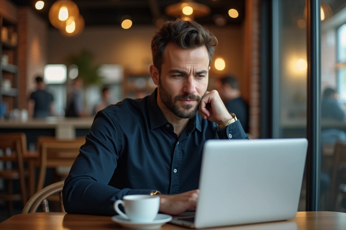 Homme utilisant un navigateur en mode privé pour consulter des stories Instagram anonymement dans un café