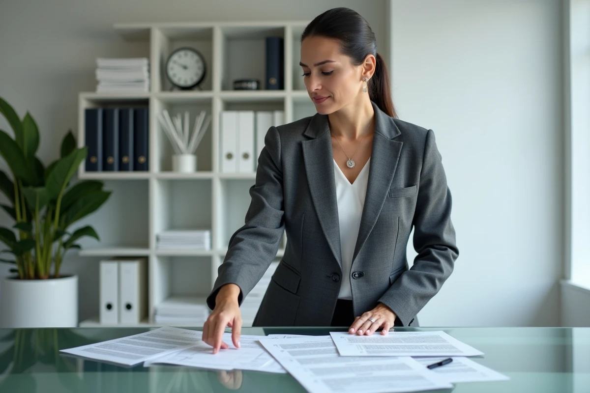 Notaire ou avocate spécialisée en droit patrimonial présentant des documents juridiques dans un cabinet professionnel