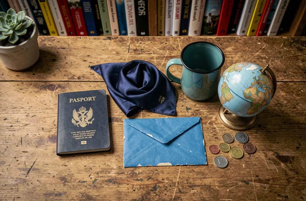 Flat lay d'objets de voyage bleus sur un bureau en chêne, passeport, foulard indigo et globe terrestre symbolisant l'aventure