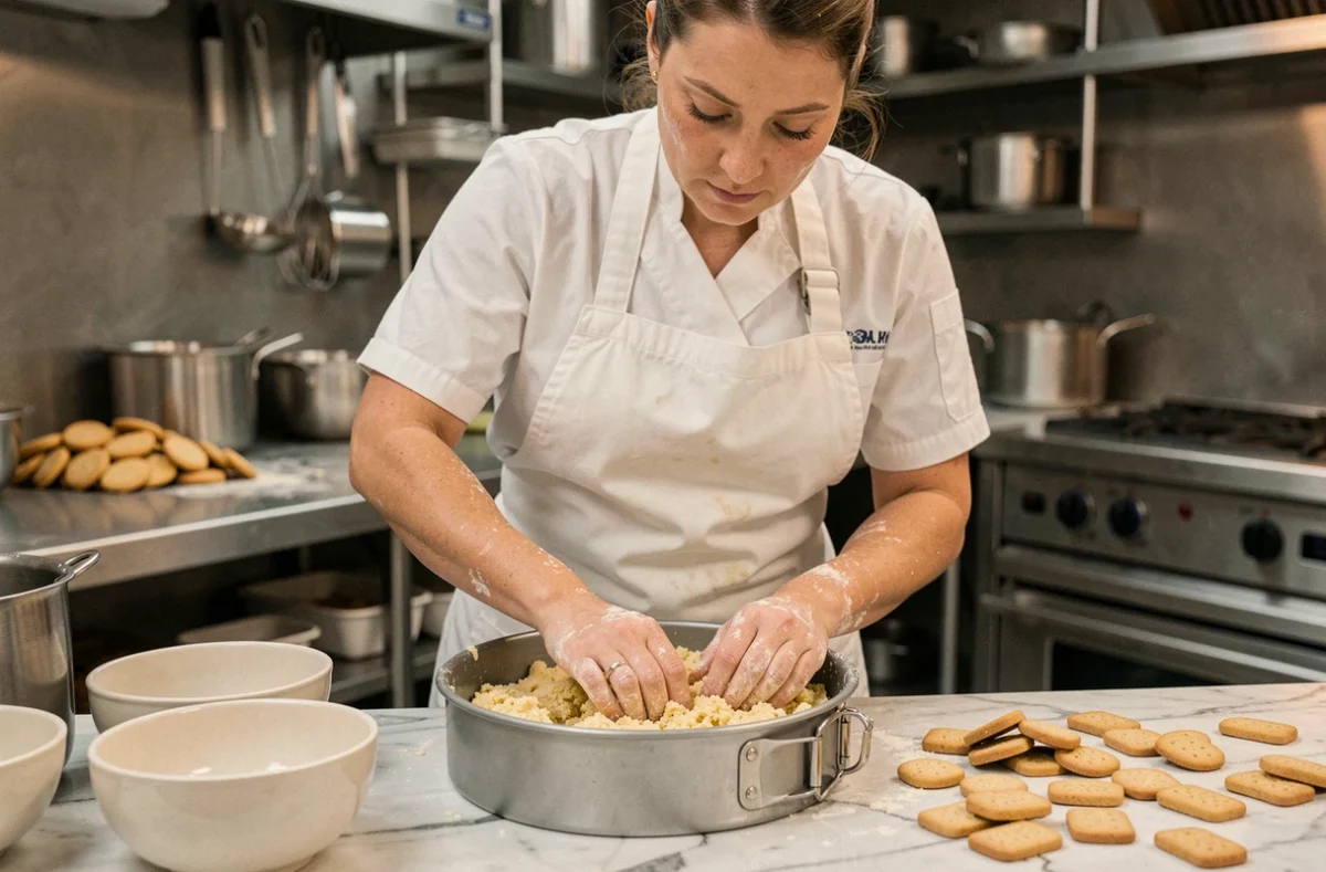 Pâtissière préparant un fond de biscuit dans un moule à charnière sur un plan de travail en marbre