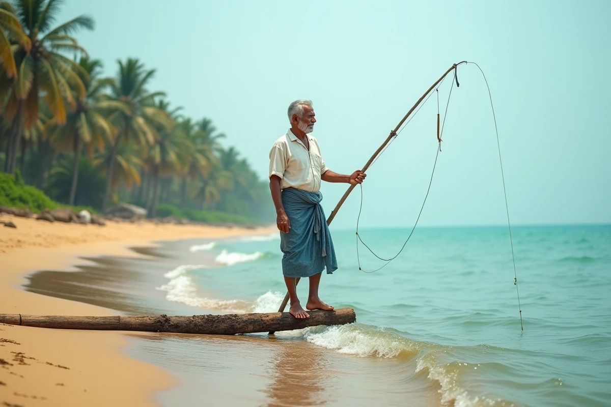 Pêcheur traditionnel sur échasse au bord de la côte sud du Sri Lanka près de Galle, mer turquoise et palmiers en arrière-plan