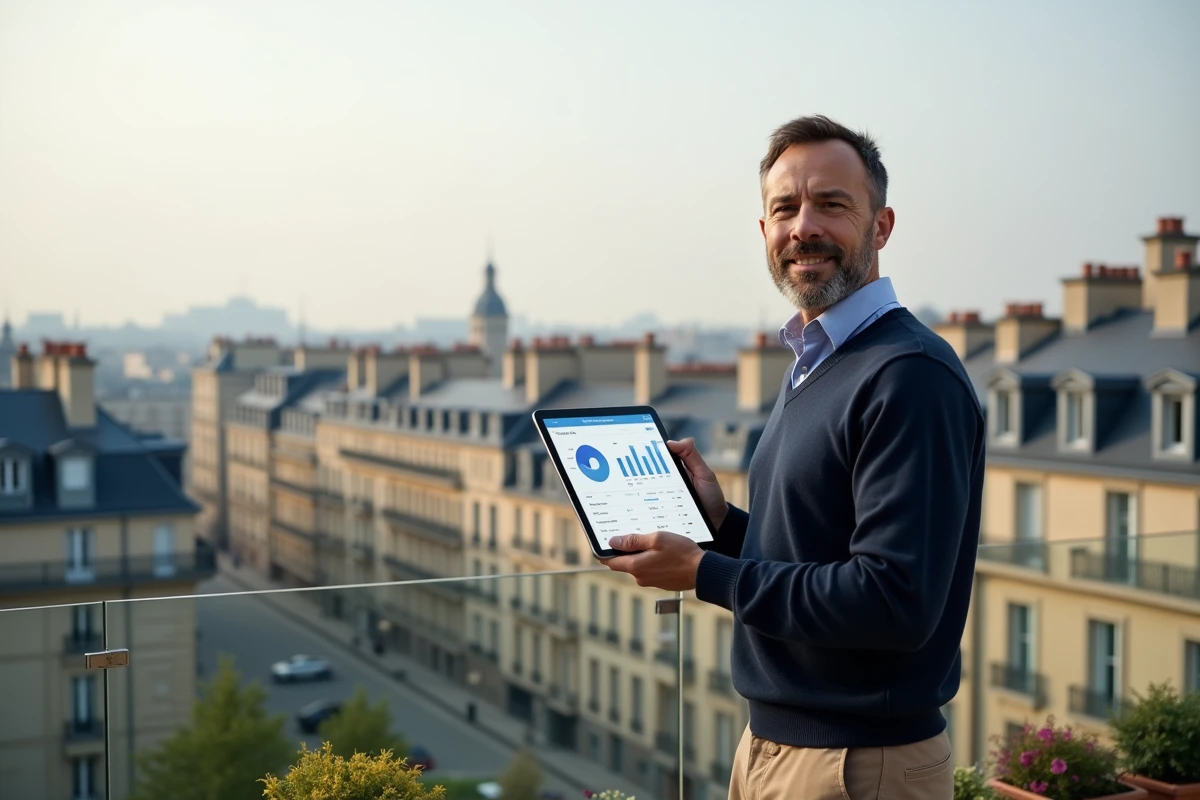 Propriétaire immobilier consultant un logiciel de gestion de patrimoine sur tablette depuis la terrasse d'un immeuble