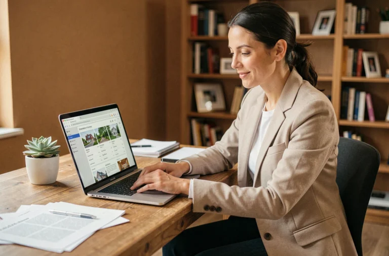 Femme consultant des annonces immobilières sur un ordinateur portable dans un bureau à domicile moderne