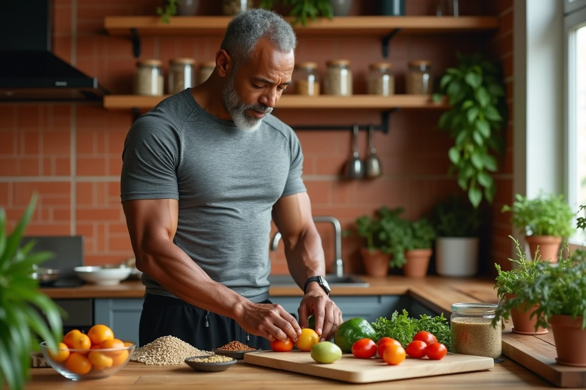 Ancien boxeur préparant un repas végétarien équilibré dans une cuisine chaleureuse avec légumes frais et céréales
