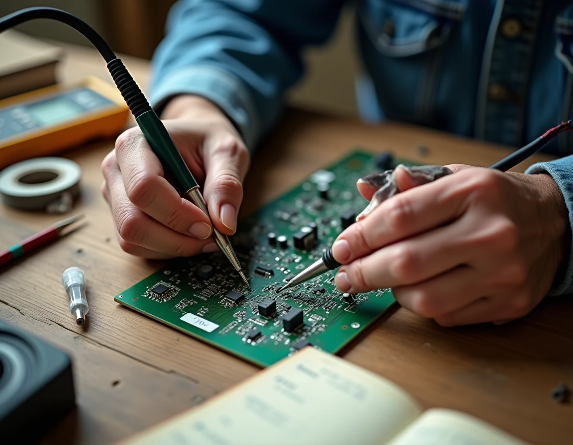 Gros plan de mains réparant une carte électronique d'un four à micro-ondes avec un fer à souder, scène de réparation intergénérationnelle