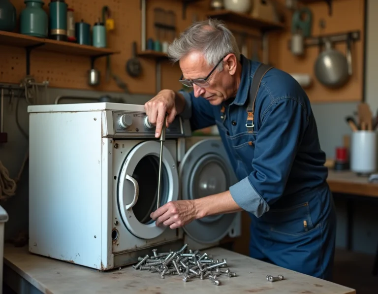 Homme réparant une machine à laver dans un atelier de bricolage maison, illustrant la réparation d'électroménager