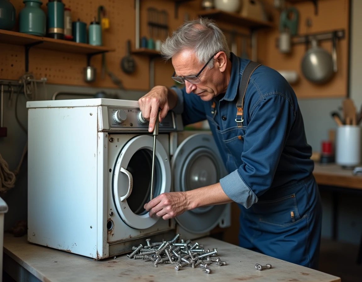 Homme réparant une machine à laver dans un atelier de bricolage maison, illustrant la réparation d'électroménager