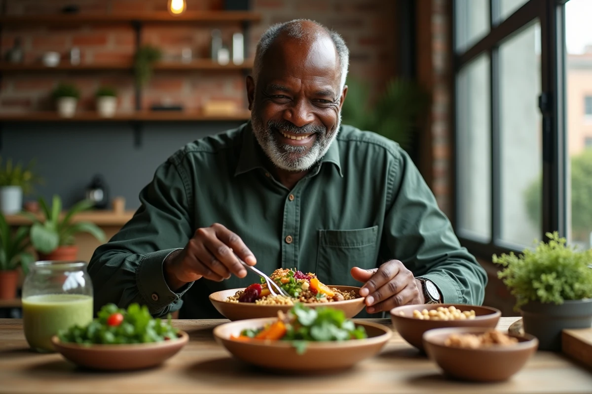 Sportif végétarien savourant un repas complet à base de plantes dans un cadre rustique et chaleureux