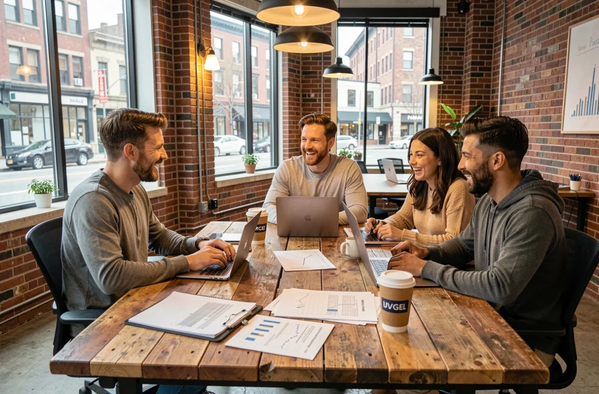 Équipe de jeunes entrepreneurs en réunion stratégique autour d'une table dans un espace de coworking moderne