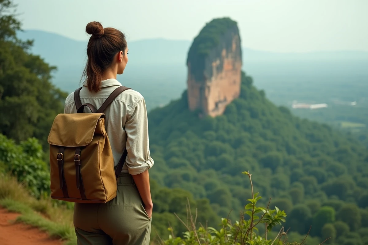 Femme contemplant le rocher de Sigiriya au Sri Lanka, site archéologique classé UNESCO entouré de jungle tropicale