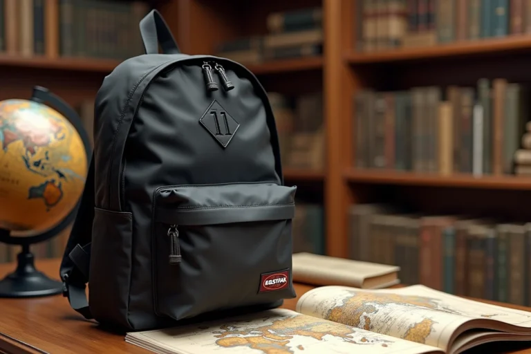 Sac à dos Eastpak noir posé sur un bureau en bois avec une carte du monde et un globe vintage, illustrant l'origine et la fabrication de la marque