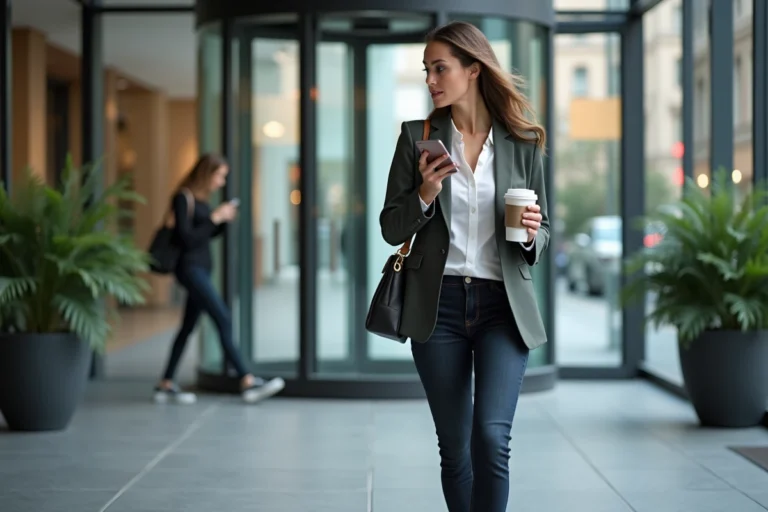 Femme quittant son bureau pendant la pause déjeuner, droit au travail et pause règlementaire