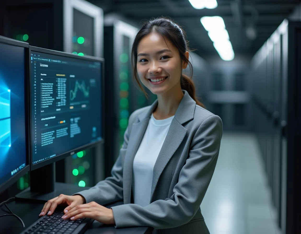 Spécialiste informatique analysant les rapports de santé Windows Update devant une station de travail professionnelle