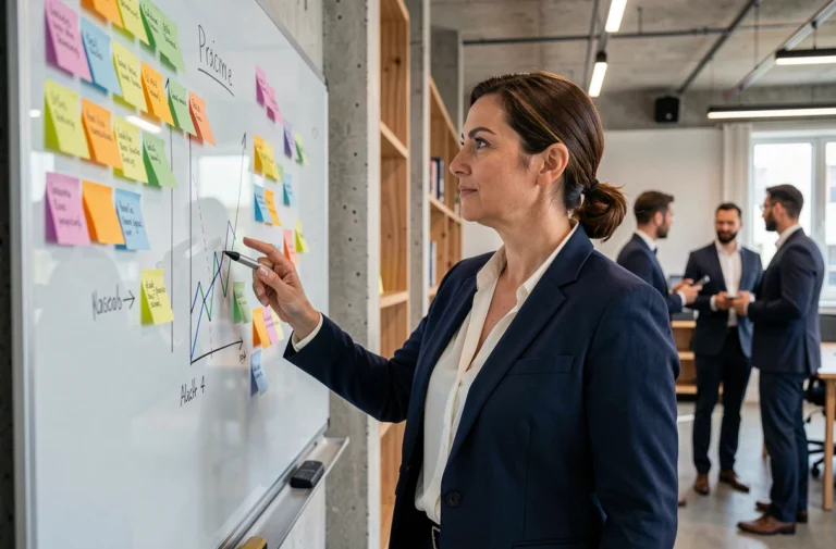 Femme d'affaires confiante présentant une stratégie de croissance d'entreprise devant un tableau blanc dans un bureau moderne