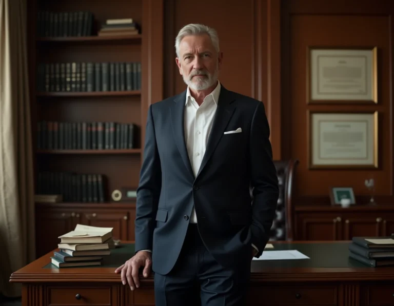 Portrait en pied d'un homme politique en costume sombre dans un bureau formel, illustrant la stature et la prestance d'une personnalité publique française