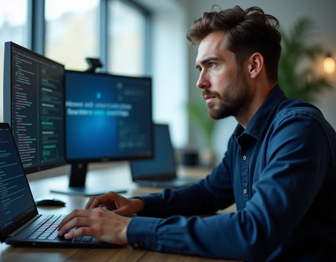 Technicien informatique consultant les outils Microsoft Update Health sur Windows 10 dans un bureau moderne