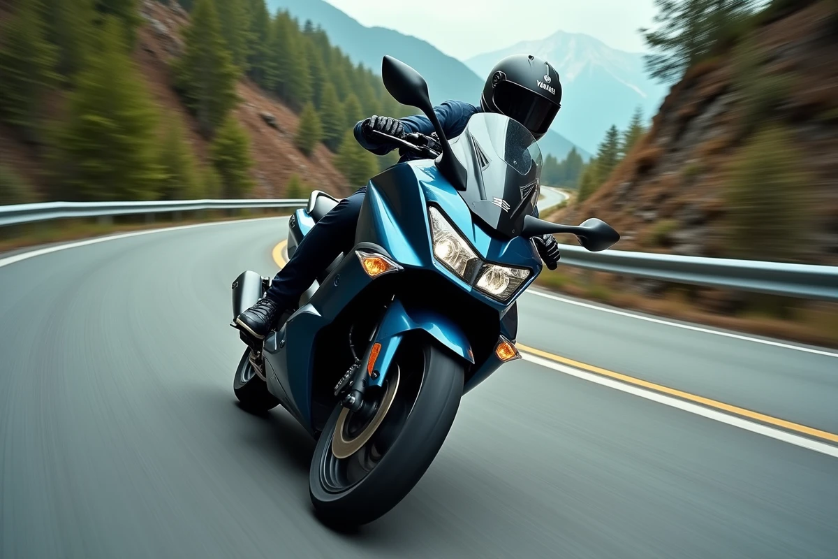 Yamaha TMAX 750 en pleine accélération sur une route de montagne, illustration de ses performances pour l'édition 2026