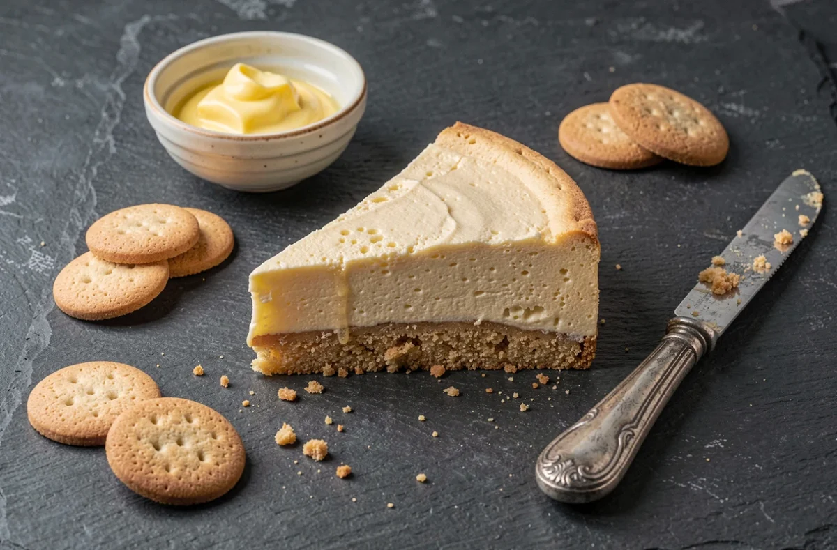 Tranche de gâteau au fromage révélant un fond de biscuit croustillant en coupe transversale sur ardoise