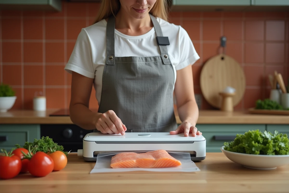 Femme utilisant un FoodSaver V2860 pour mettre sous vide des filets de saumon dans une cuisine moderne