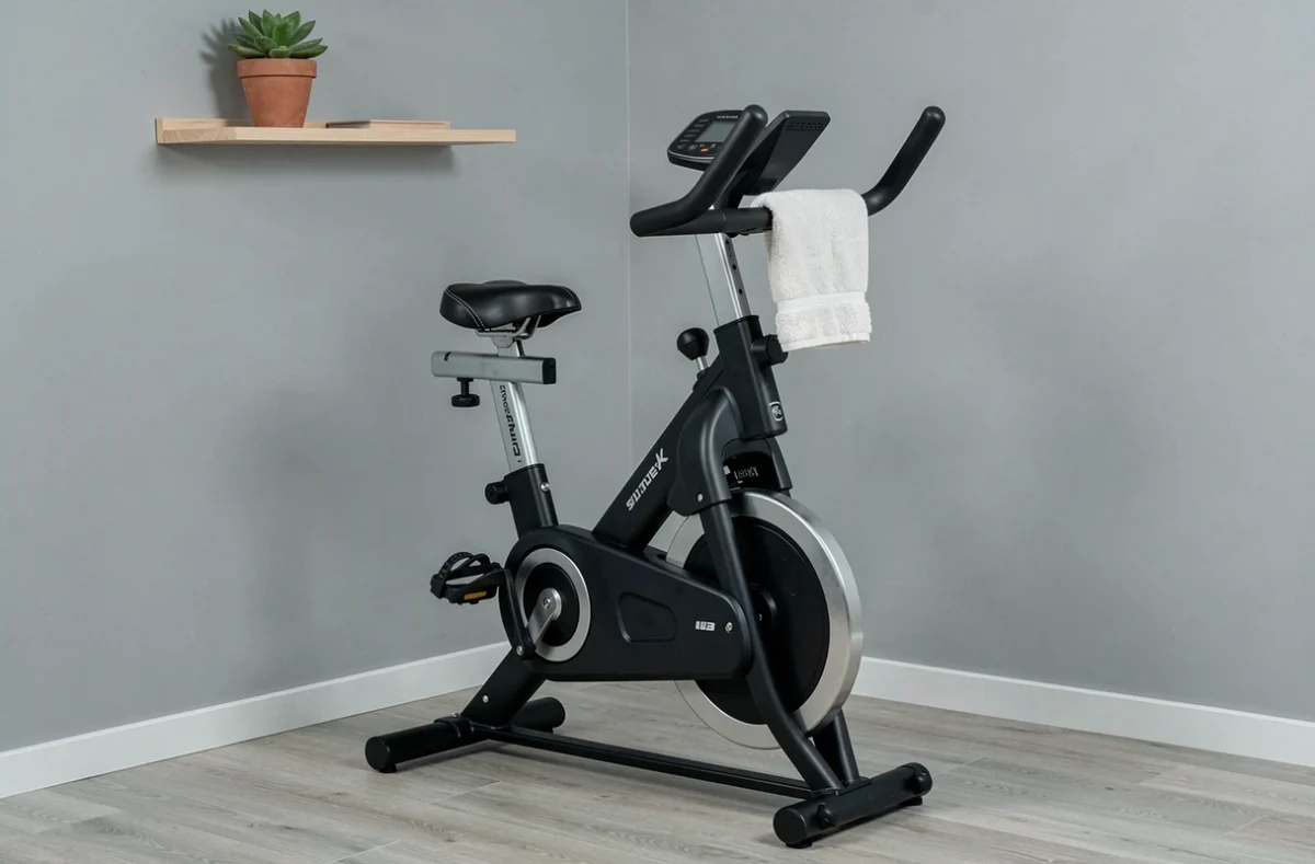 Vélo d'appartement Ultrasport F-Bike 400BS posé dans un coin bureau reconverti en espace fitness à domicile