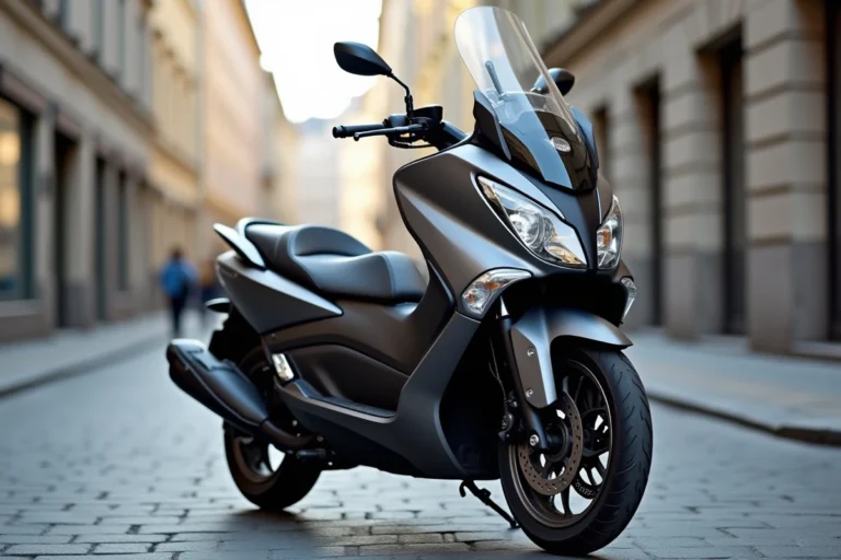 Yamaha TMAX 750 garé dans une rue urbaine européenne, vue trois quarts avant mettant en valeur son design agressif
